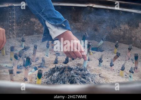 Die Nahaufnahme der Menschen Hand Platzierung der Rolle des Rauchens Weihrauch in die jokoro (Weihrauch brennende Urne) am Sensoji Kannon Tempel. Tokio. Japan Stockfoto