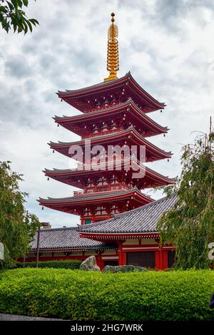 Tokio, Japan - 24. Oktober 2019: Der Blick auf die aufsteigende, leuchtend bunte, fünfstöckige Pagode am Sensoji Kannon-Tempel in Asakusa. Sie hält Buddhas Stockfoto