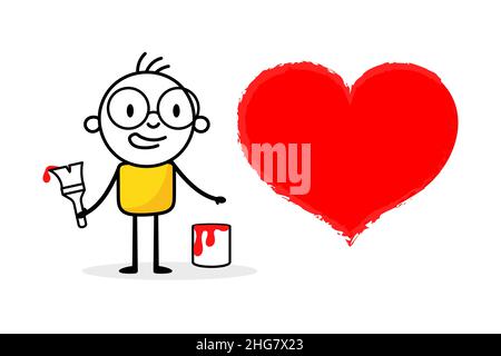 Mann zeichnet rotes Herz isoliert auf weißem Hintergrund. Hand gezeichnete Doodle Linie Kunst Mann. Konzept der Liebe. Vektorgrafik. Stock Vektor