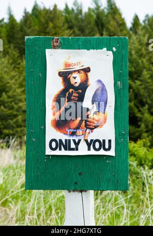 Smokey das Bear Forest Fire Warnschild mit Wäldern. Stockfoto