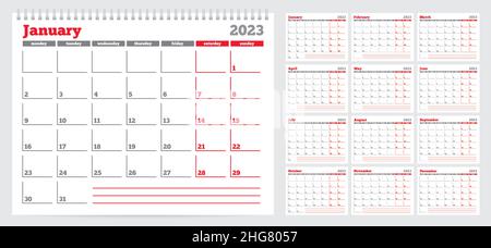 Planner-Vorlage für Kalender 2023. Die Woche beginnt am Montag. Set mit 12 Monaten. Vektorgrafik Stock Vektor