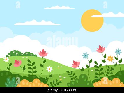 Frühling Zeit Landschaft Hintergrund mit Blumen Jahreszeit, Regenbogen und Pflanze für Promotions, Zeitschriften, Reklamen oder Websites. Abbildung des Naturvektors Stock Vektor