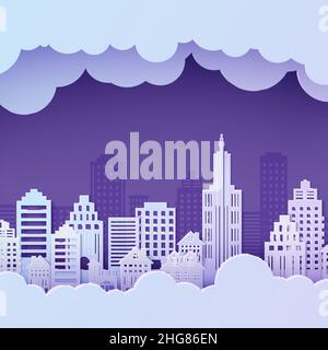 Night City-Landschaft im Papierschnitt-Stil. Violett und blau gradient Papier geschnitten Büro, Wohngebäude, Abend wolkigen Himmel für Stadt Ökologie Stock Vektor