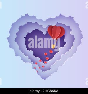Valentine Schnitt 3D Hintergrund mit violett blau Gradienten bewölkten Landschaft und Heißluftballon papiercut Kunst. Nachthimmel Wolken Herz Rahmen mit Herzen Stock Vektor