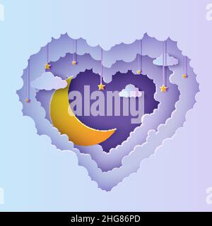 Valentine Schnitt 3D Hintergrund mit violett blauen Gradienten bewölkten Landschaft und Mond papercut Kunst. Nachthimmel Wolken Herz Rahmen mit Gold Halbmond Stock Vektor