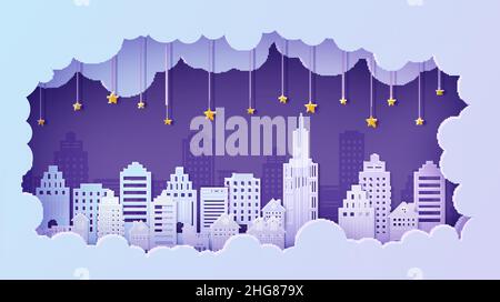 Night City-Landschaft im Papierschnitt-Stil. Violett und blau gradient Wolke Papier geschnitten Büro, Wohngebäude und Abend wolkigen Himmel mit Sternen an Stock Vektor