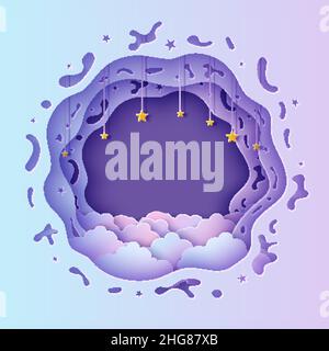 Nachthimmel Wolken rechteckiger Rahmen mit Sternen auf Seil in Papier geschnitten Stil. Schneiden Sie 3D Hintergrund mit violett blau gradient wolkigen Landschaft papiercut Stock Vektor
