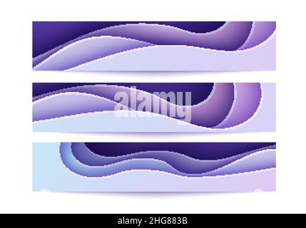 Set von 3D Banner mit Welle in Papierschnitt-Stil. Drei abstrakte Flyer lila violett und blau Farbverlauf. In 2-in-1-Lagen-Hintergrund mit Papercut Stock Vektor