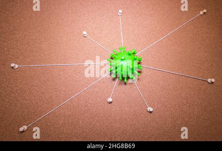 Eine Kork Evidence Board mit mehreren Saiten aus der Mitte Punkt gehen, um Pins um das Brett. Lösung des komplizierten Falles des Coronavirus. Stockfoto