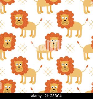 Wildlife Africa Nature seamless pattern African animal Lion. Safari Zoo Savanna Childish drawing Stock Vektor