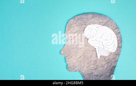 Silhouette eines Kopfes mit einem Gehirn, kreativ, Brainstorming, Krankheiten wie Parkinson, Alzheimer, Psychologie Gesundheit, zerebrale Venenthrombose Stockfoto