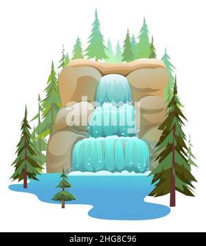 Hohe Landschaft mit Wasserfall zwischen Felsen. Kaskade schimmert nach unten. Fließendes Wasser. Schöner Cartoon-Stil. Flaches Design. Im kalten Kiefernwald. Isoliert ein Stock Vektor