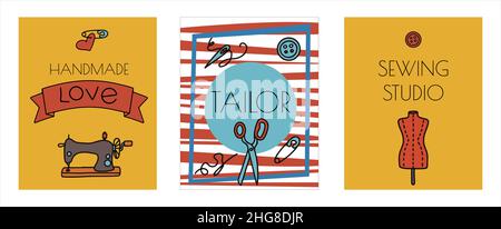Vector Doodle Nähen Banner. Symbole für Vektoranpassungswerkzeuge. Nähen Schaufensterpuppe, Maschine, Mess-und Schneidbedarf, Black Outline. Skizze mit Stock Vektor