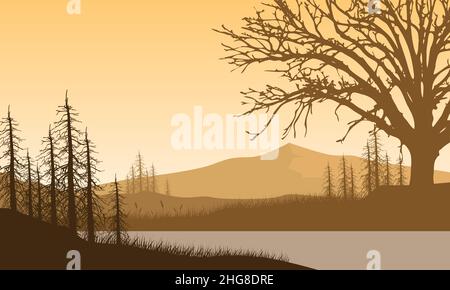 Schöne Aussicht auf die Berge vom Flussufer in der Abenddämmerung mit fantastischen Silhouetten der umliegenden Bäume Stock Vektor