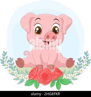 Cartoon Baby Schwein sitzt im Gras mit Blumen Stock Vektor