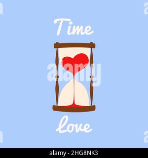 Zeit für die Liebe. Eine klassische Sanduhr mit rotem Sand, die im Inneren ein Liebessymbol bildet und zeigt, wie lange die Liebe im Inneren zurückbleibt Stockfoto