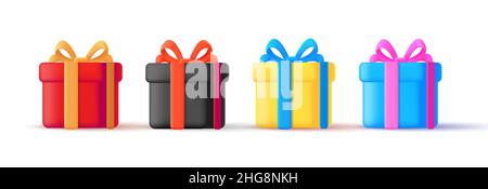 3D Illustrationselement, Geschenkkartons-Set mit Bändern und Schleifen in verschiedenen Farben Stock Vektor