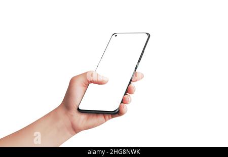 Telefon in Frauenhand mit isoliertem Bildschirm und Hintergrund für die App-Präsentation. Seitenansicht aus der Nähe Stockfoto