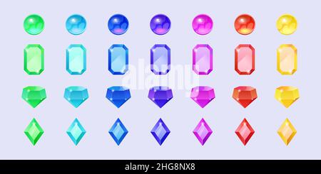 Farbsteine, Kristallsteine in runder, geometrischer und diamantförmiger Form. Vektor-Cartoon-Set von Edelsteinen, Rubin, Saphir, Topas, Amethyst und Smaragd auf dem Hintergrund isoliert Stock Vektor