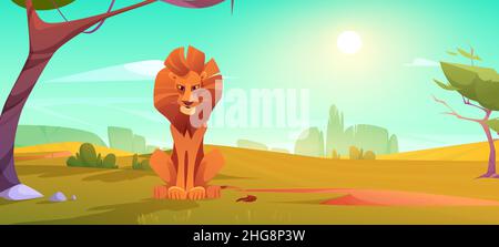 Löwe in Savanne, afrikanisches Tier in der Natur, Wildkatze auf natürlichem Landschaftshintergrund mit Bäumen und strahlender Sonne. Safari, Outdoor-Zoo-Park mit Raubtier, leistungsstarke leo Cartoon-Vektor-Illustration Stock Vektor