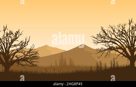Fantastisches Bergpanorama mit trockenen Baumsilhouetten vom Stadtrand bei Sonnenuntergang am Nachmittag Stock Vektor
