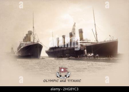 Das RMS Olympic verlässt das Trockendock und kehrt nach Reparaturen wieder in Betrieb. Das Schiff wurde zum letzten Mal mit seinem Schwesterschiff Titanic fotografiert. Stockfoto