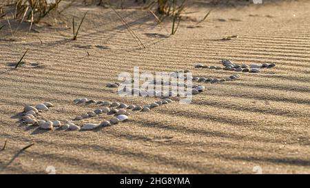 Mit Muscheln gelegt Symbol Glück am Strand der Ostsee im Sand. Wünsche für den Urlaub und das Leben. Stockfoto