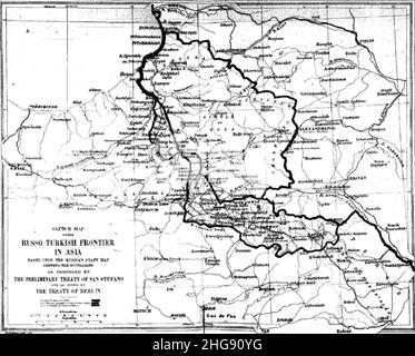 Skizzenkarte der russisch-türkischen Grenze in Asien. Gemäß dem Vorvertrag von San Stefano und festgelegt durch den Vertrag von Berlin. Stockfoto