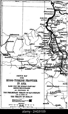 Skizzenkarte der russisch-türkischen Grenze in Asien. Gemäß dem Vorvertrag von San Stefano und festgelegt durch den Vertrag von Berlin.1891. Stockfoto