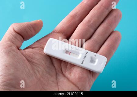 Hand mit Covid-19 Schnellantigen-Test auf blauem Hintergrund Stockfoto
