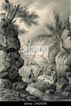 Skizze des Tilgate-Steinbruchs mit Gideon Mantell, der die Aufdeckung von Fossilien überwacht. Stockfoto