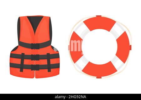Rettungsweste und Rettungsboje mit Seil- und Gürtelausrüstung für Sicherheit im Cartoon-Stil isoliert auf weißem Hintergrund. . Vektorgrafik Stock Vektor