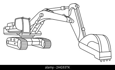 Kinder lineare Zeichnung für zum ausmalen. Schwere Baggermaschine für Bau-und Erdarbeiten in linear. Industrielle Maschinen und Anlagen. Isol Stock Vektor