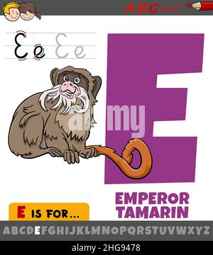Pädagogische Karikatur Illustration des Buchstaben E aus Alphabet mit Kaiser Tamarin Affen Tier Charakter Stock Vektor