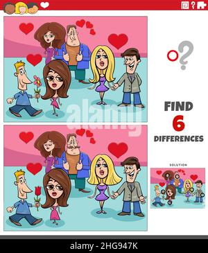 Cartoon Illustration der Suche nach Unterschieden zwischen Bildern pädagogische Spiel mit verliebten Paaren am Valentinstag Stock Vektor
