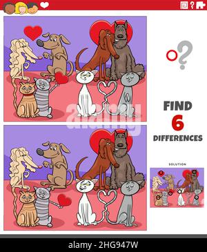 Cartoon Illustration der Suche nach Unterschieden zwischen Bildern pädagogische Spiel mit lustigen Haustieren in der Liebe am Valentinstag Stock Vektor