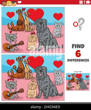 Cartoon Illustration der Suche nach Unterschieden zwischen Bildern pädagogische Spiel mit Haustieren in der Liebe am Valentinstag Stock Vektor