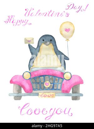 Grußkarten-Design mit entzückenden Kawaii Pinguin Vogel mit Herz, Retro-Auto, Text und Liebe Symbole isoliert auf weißem Hintergrund, Konzept für Valentin Stockfoto