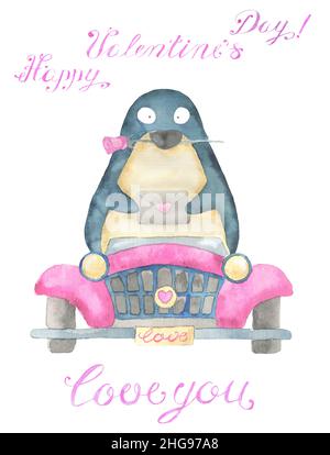 Grußkarten-Design mit entzückenden Kawaii Pinguin Vogel mit Herz, Retro-Auto, Text und Liebe Symbole isoliert auf weißem Hintergrund, Konzept für Valentin Stockfoto