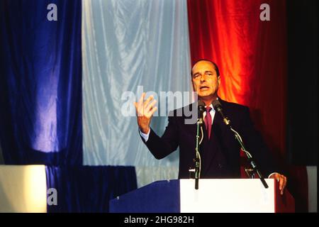 Archiv 80ies: Wahlkampf für die Präsidentschaftswahlen 1988, Offizieller Besuch von Jacques Chirac, Lyon, Frankreich, 1987 Stockfoto