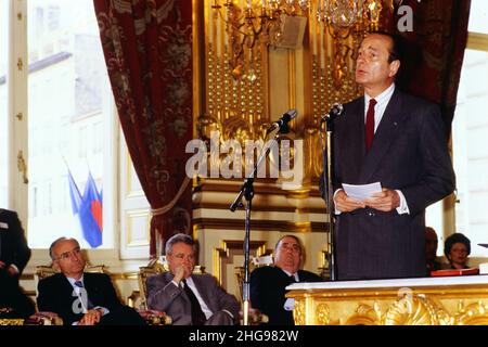 Archiv 80ies: Wahlkampf für die Präsidentschaftswahlen 1988, Offizieller Besuch von Jacques Chirac, Lyon, Frankreich, 1987 Stockfoto