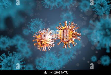 Coronavirus (Covid-19, SARS CoV 2) unter dem Mikroskop. 3D Rendern. Stockfoto