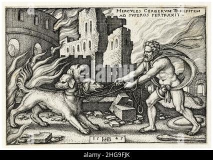 Hercules und Cerberus, Stich von Sebald Beham, 1545 Stockfoto