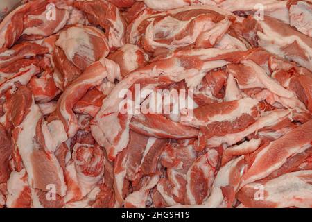 Verschiedene Arten von Zutaten und Würstchen von Hand hergestellt. Stockfoto