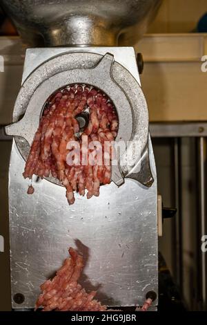 Verschiedene Arten von Zutaten und Würstchen von Hand hergestellt. Stockfoto