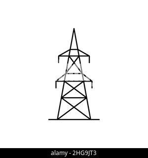 Stromübertragungsleitung. Symbol für die Hochspannungsfreileitung. Hochspannungsmast. Elektrischer Turm mit Drähten. Strompost. Stütze für Versorgungsmasten. Stock Vektor