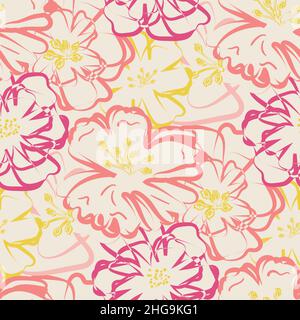 Moderne abstrakte wilde Wiese Blume nahtlose Vektor-Muster Hintergrund. Malerischer Hintergrund mit Kunstlino-Druck und überlappenden Blumen. Botanisch entspannt Stock Vektor