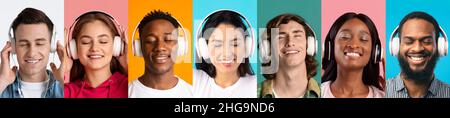 Fröhliche, multirassische junge Menschen, die Musik hören Stockfoto