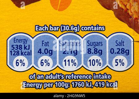 Nährwertangaben Referenz Angaben zur Aufnahme auf der Schachtel mit McVities Hobnobs Snack-Bar Biscuits Milchschokolade und gesalzenem Karamell-Geschmack Stockfoto