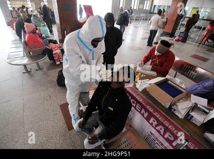 Varanasi, Indien. 19th Januar 2022. Passagiere erhalten am 19. Januar 2022 von Gesundheitsmitarbeitern am Bahnhof Varanasi, Bahnhof in Varanasi, Uttar Pardesh, Indien, Schnelltests mit dem Coronavirus Covid-19. (Foto: Ravi Batra/Sipa USA) Quelle: SIPA USA/Alamy Live News Stockfoto